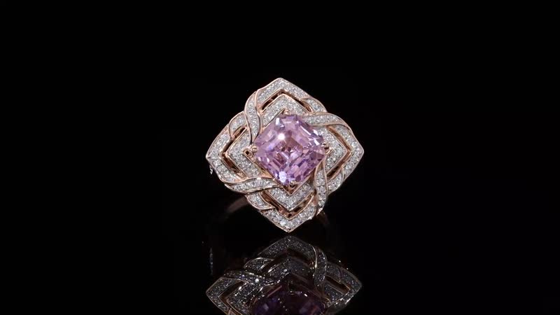 GP Amore Collection Asscher Cut Premium Kunzite, Moissanite Good Luck Endless Knot Ring in 18K Vermeil RG Over Sterling Silver (Size 10.0) 6.50 ctw