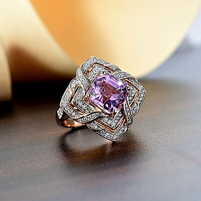 GP Amore Collection Asscher Cut Premium Kunzite and Moissanite 6.50 ctw Good Luck Endless Knot Ring in 18K Vermeil Rose Gold Over Sterling Silver (Size 10.0)