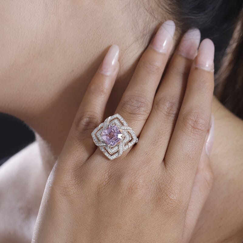 GP Amore Collection Asscher Cut Premium Kunzite and Moissanite 6.50 ctw Good Luck Endless Knot Ring in 18K Vermeil Rose Gold Over Sterling Silver (Size 10.0)