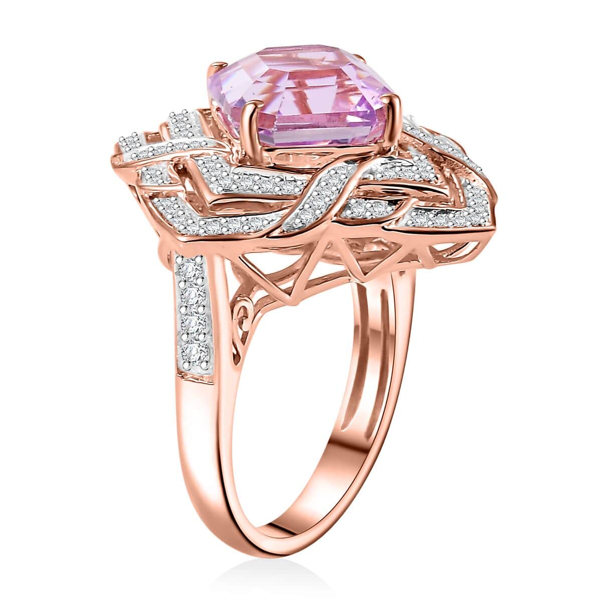 GP Amore Collection Asscher Cut Premium Kunzite, Moissanite Good Luck Endless Knot Ring in 18K Vermeil RG Over Sterling Silver (Size 10.0) 6.50 ctw image number 3