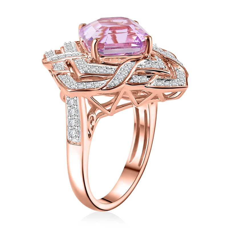 GP Amore Collection Asscher Cut Premium Kunzite and Moissanite 6.50 ctw Good Luck Endless Knot Ring in 18K Vermeil Rose Gold Over Sterling Silver (Size 10.0)