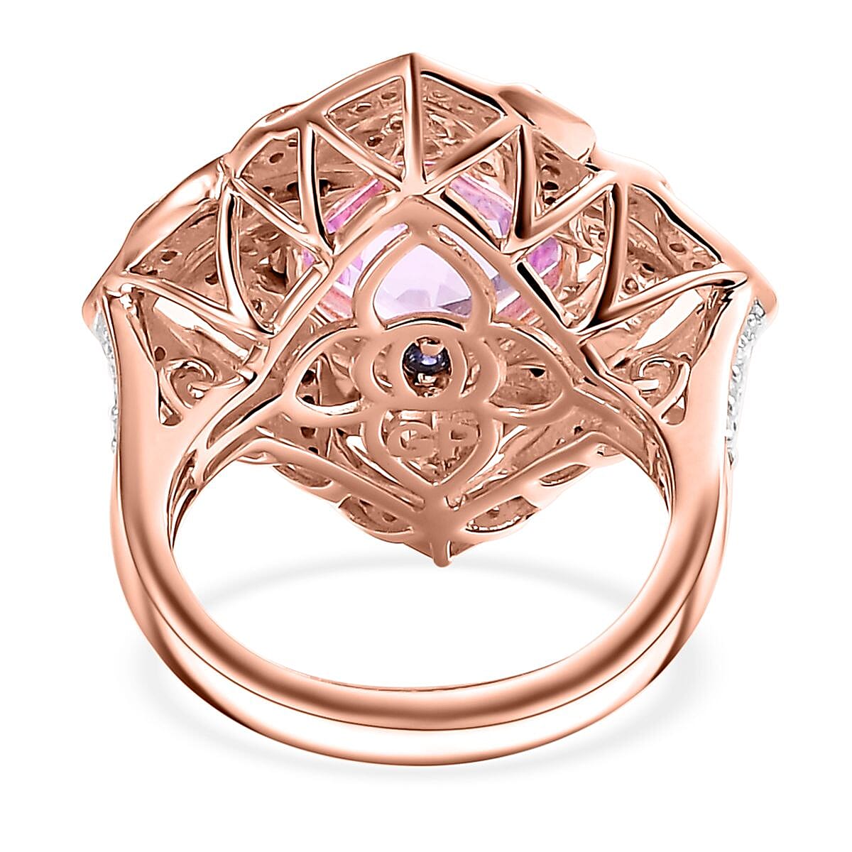 GP Amore Collection Asscher Cut Premium Kunzite and Moissanite 6.50 ctw Good Luck Endless Knot Ring in 18K Vermeil Rose Gold Over Sterling Silver (Size 10.0)