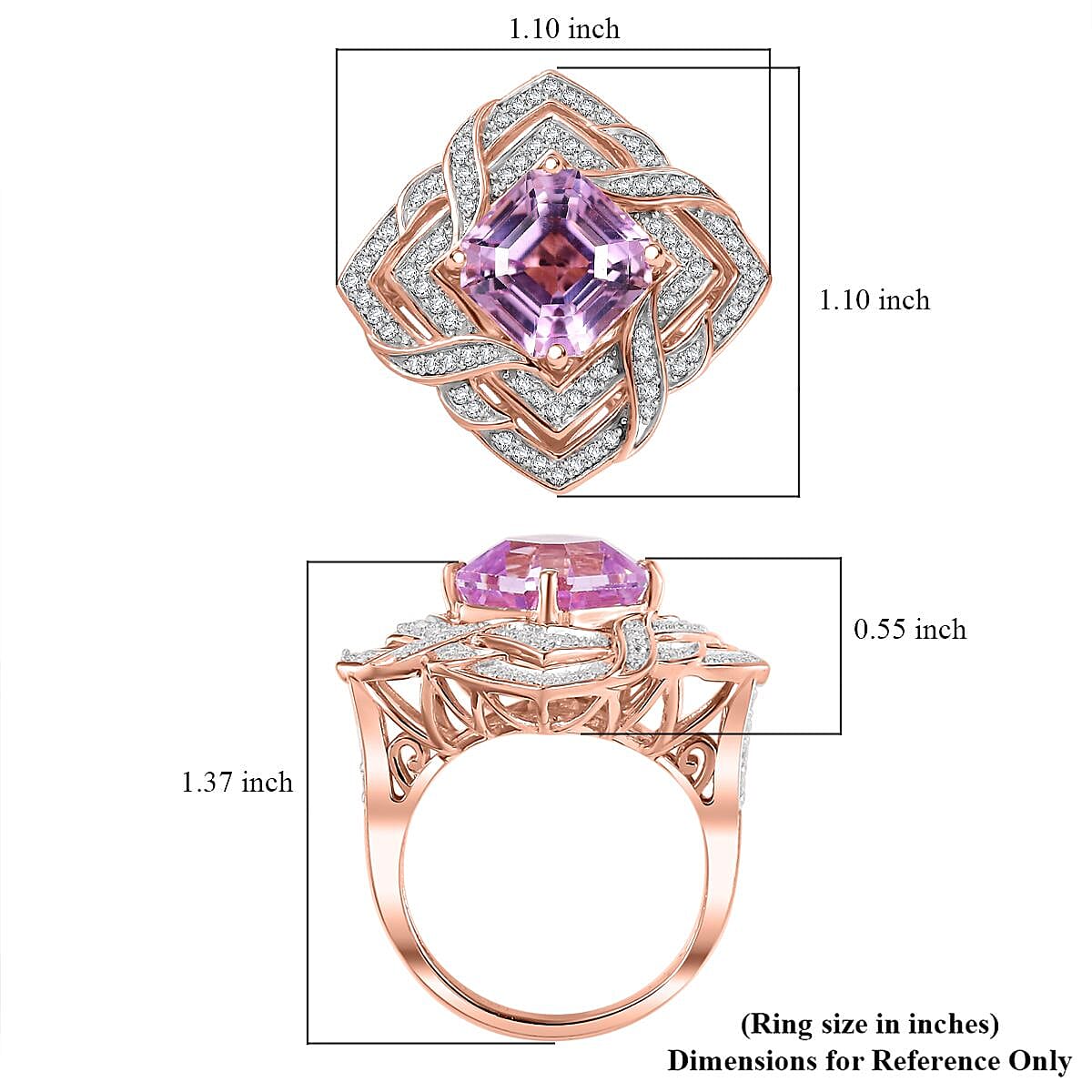 GP Amore Collection Asscher Cut Premium Kunzite and Moissanite 6.50 ctw Good Luck Endless Knot Ring in 18K Vermeil Rose Gold Over Sterling Silver (Size 10.0)
