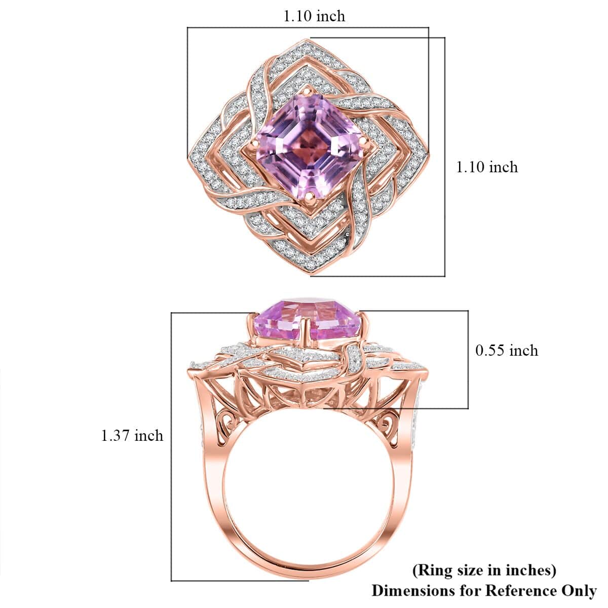 GP Amore Collection Asscher Cut Premium Kunzite, Moissanite Good Luck Endless Knot Ring in 18K Vermeil RG Over Sterling Silver (Size 10.0) 6.50 ctw image number 5