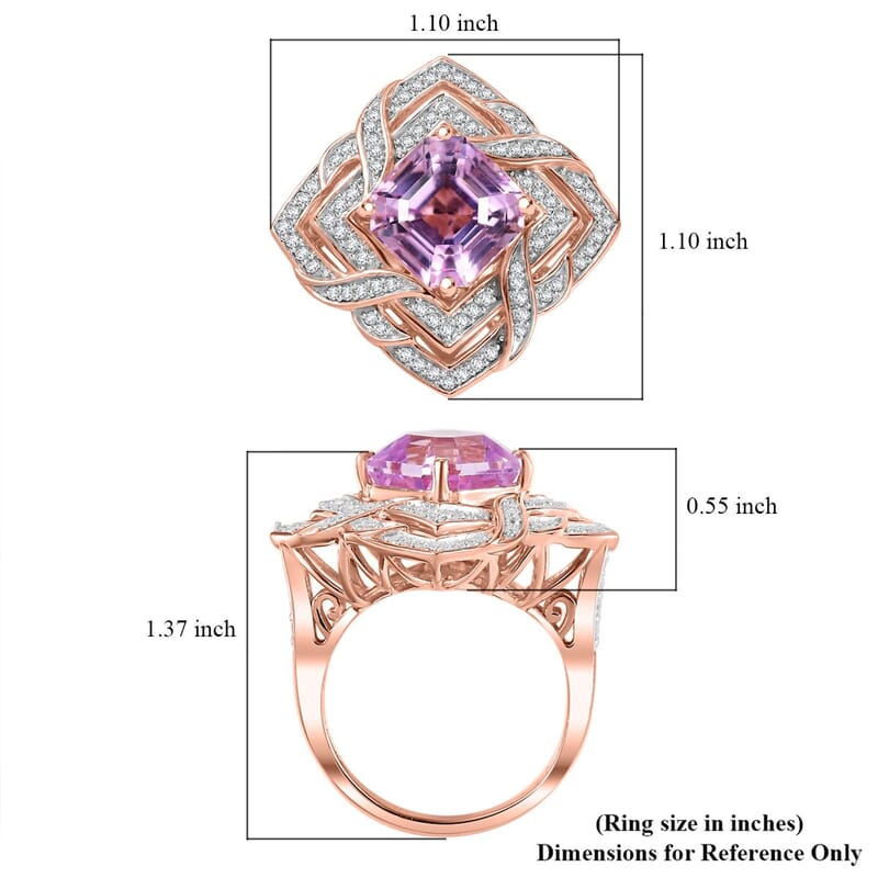GP Amore Collection Asscher Cut Premium Kunzite and Moissanite 6.50 ctw Good Luck Endless Knot Ring in 18K Vermeil Rose Gold Over Sterling Silver (Size 10.0)