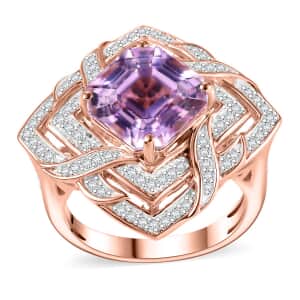 GP Amore Collection Asscher Cut Premium Kunzite and Moissanite 6.50 ctw Good Luck Endless Knot Ring in 18K Vermeil Rose Gold Over Sterling Silver (Size 6.0)