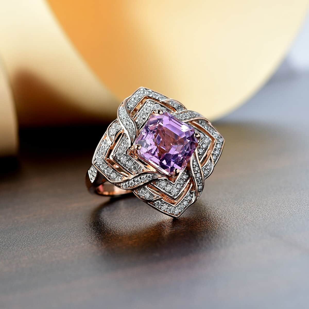 GP Amore Collection Asscher Cut Premium Kunzite and Moissanite 6.50 ctw Good Luck Endless Knot Ring in 18K Vermeil Rose Gold Over Sterling Silver (Size 6.0) image number 1