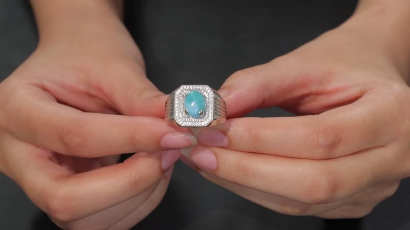 Natural Green Larimar, White Zircon Men's Ring in Rhodium Over Sterling Silver (Size 10.0) 3.65 ctw