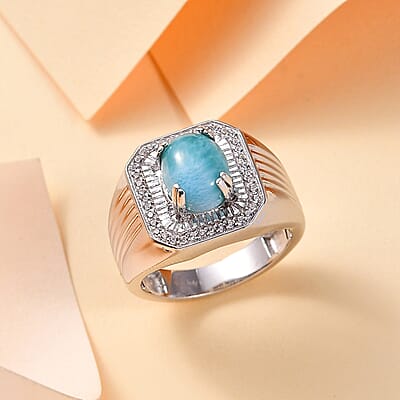 D'Joy Natural Green Larimar and White Zircon 3.65 ctw Men's Ring in Rhodium Over Sterling Silver (Size 10.0)