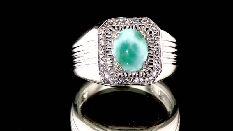 Natural Green Larimar, White Zircon Men's Ring in Rhodium Over Sterling Silver (Size 10.0) 3.65 ctw