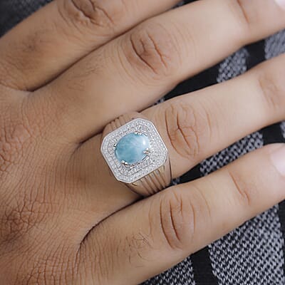 D'Joy Natural Green Larimar and White Zircon 3.65 ctw Men's Ring in Rhodium Over Sterling Silver (Size 10.0)