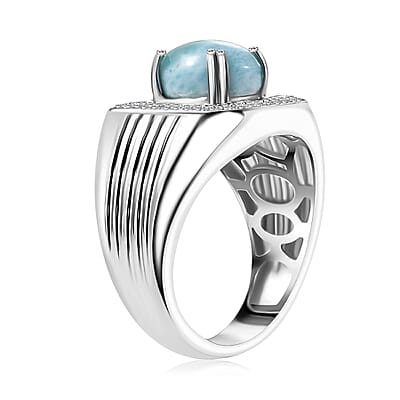 D'Joy Natural Green Larimar and White Zircon 3.65 ctw Men's Ring in Rhodium Over Sterling Silver (Size 10.0)