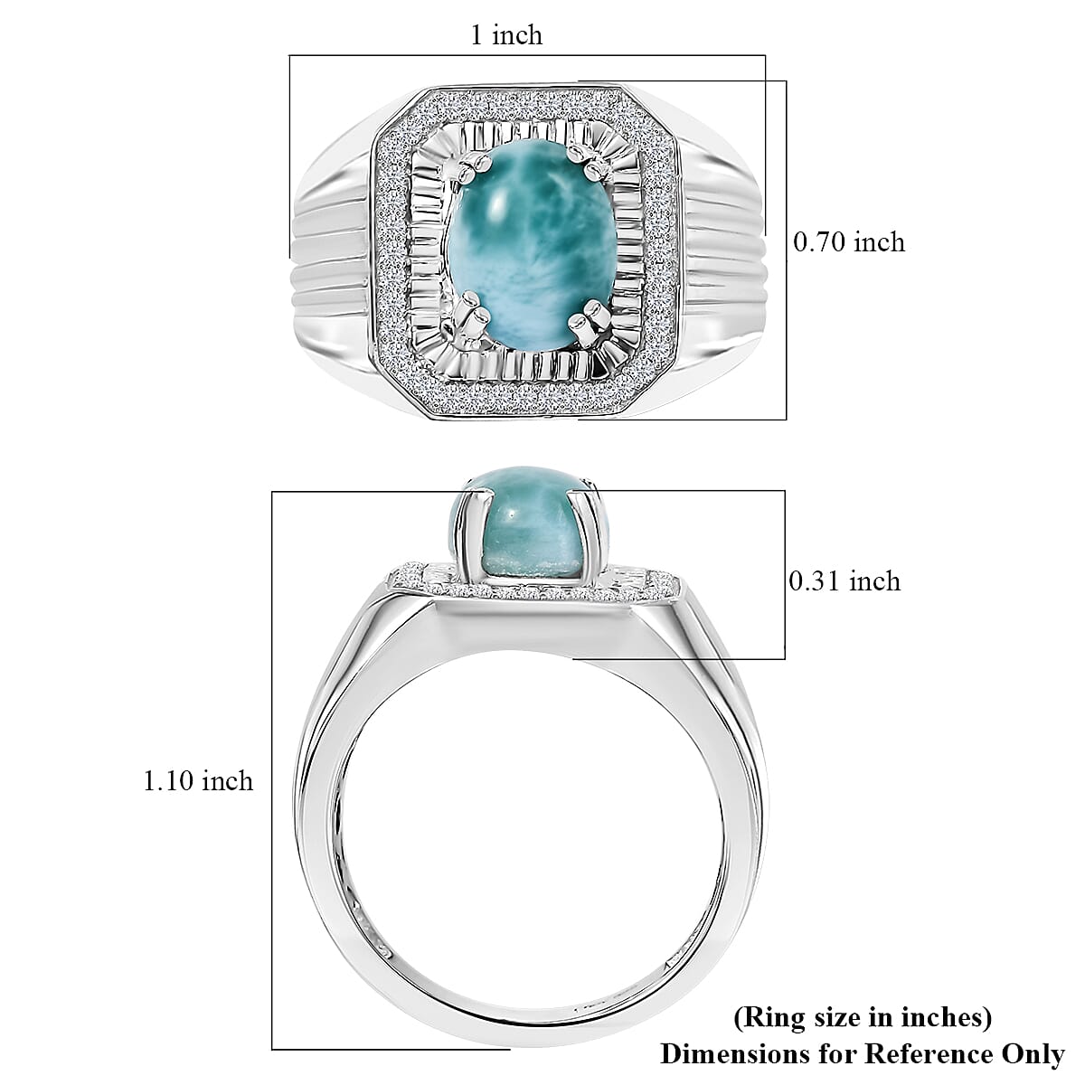 D'Joy Natural Green Larimar and White Zircon 3.65 ctw Men's Ring in Rhodium Over Sterling Silver (Size 10.0)