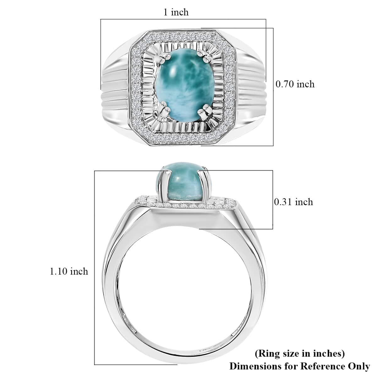 Natural Green Larimar and White Zircon 3.65 ctw Men's Ring in Rhodium Over Sterling Silver (Size 10.0) image number 5