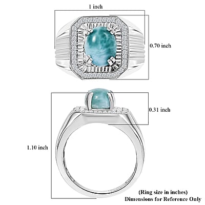 D'Joy Natural Green Larimar and White Zircon 3.65 ctw Men's Ring in Rhodium Over Sterling Silver (Size 10.0)
