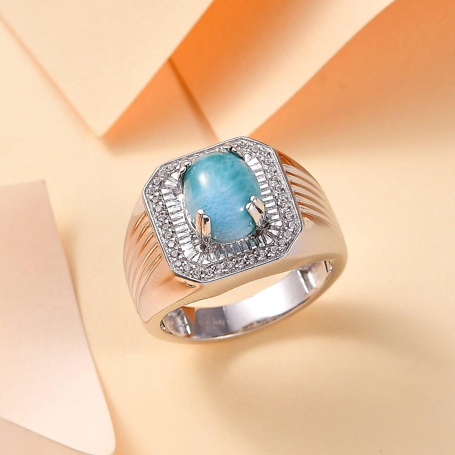 Buy Natural Green Larimar and White Zircon 3.65 ctw Men's Ring in