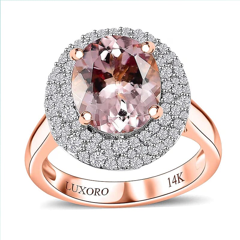 Certified & Appraised Luxoro AAA Pink Morganite and G-H I2 Diamond 4.13 ctw Double Halo Ring in 14K Rose Gold (Size 11.0) 4.85 Grams