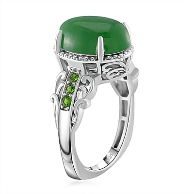 Green Jade (D) and Chrome Diopside 8.00 ctw Ring in Rhodium Over Sterling Silver (Size 10.0)