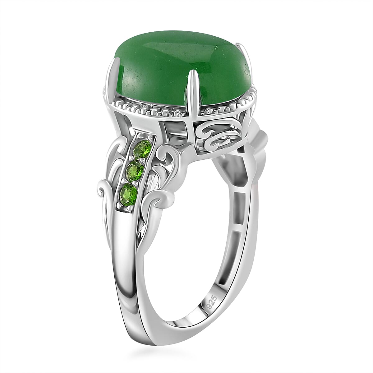 Green Jade (D) and Chrome Diopside 8.00 ctw Ring in Rhodium Over Sterling Silver (Size 7.0) image number 3