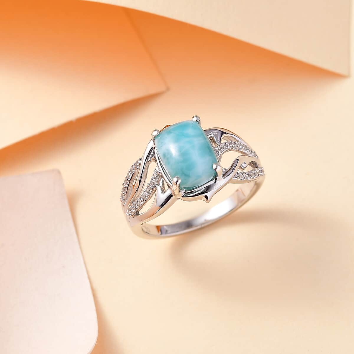 Natural Green Larimar and White Zircon 3.65 ctw Ocean Wave Ring in Rhodium Over Sterling Silver (Size 10.0) image number 1