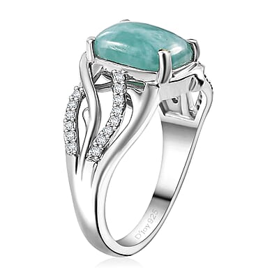 Natural Green Larimar and White Zircon 3.65 ctw Ocean Wave Ring in Rhodium Over Sterling Silver (Size 10.0)