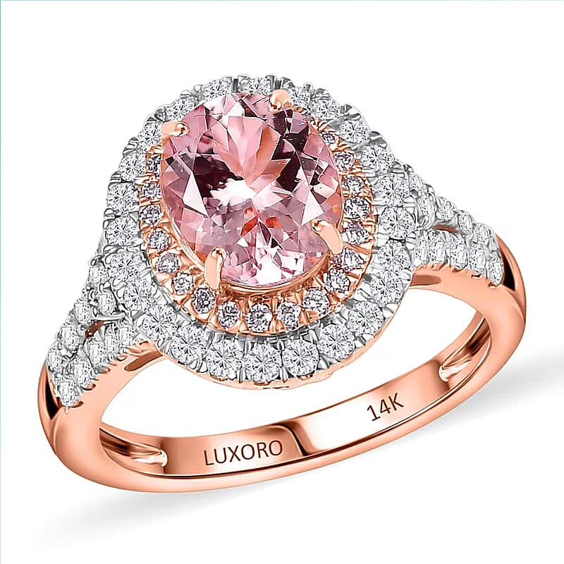 Certified & Appraised Luxoro AAA Palmeiras Pink Morganite and G-H I2 Diamond 2.50 ctw Double Halo Ring in 14K Rose Gold (Size 12.0) 4.41 Grams