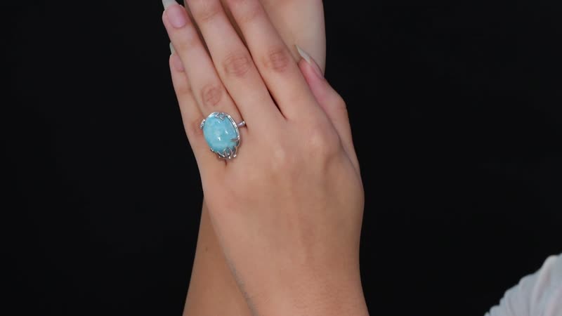 Natural Green Larimar, White Zircon Sunset with Palm Tree Ring in Rhodium Over Sterling Silver (Size 10.0) 18.20 ctw