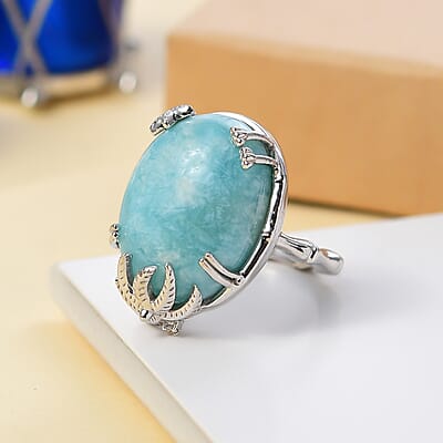 D'Joy Natural Green Larimar and White Zircon 18.20 ctw Sunset with Palm Tree Ring in Rhodium Over Sterling Silver (Size 10.0)
