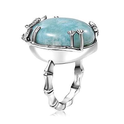 D'Joy Natural Green Larimar and White Zircon 18.20 ctw Sunset with Palm Tree Ring in Rhodium Over Sterling Silver (Size 10.0)