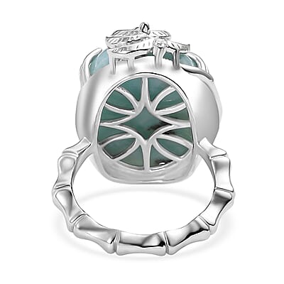 D'Joy Natural Green Larimar and White Zircon 18.20 ctw Sunset with Palm Tree Ring in Rhodium Over Sterling Silver (Size 10.0)