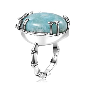 D'Joy Natural Green Larimar and White Zircon 18.20 ctw Sunset with Palm Tree Ring in Rhodium Over Sterling Silver (Size 6.0)