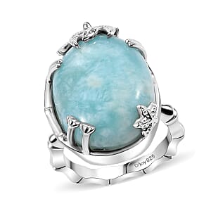 D'Joy Natural Green Larimar and White Zircon 18.20 ctw Sunset with Palm Tree Ring in Rhodium Over Sterling Silver (Size 9.0)