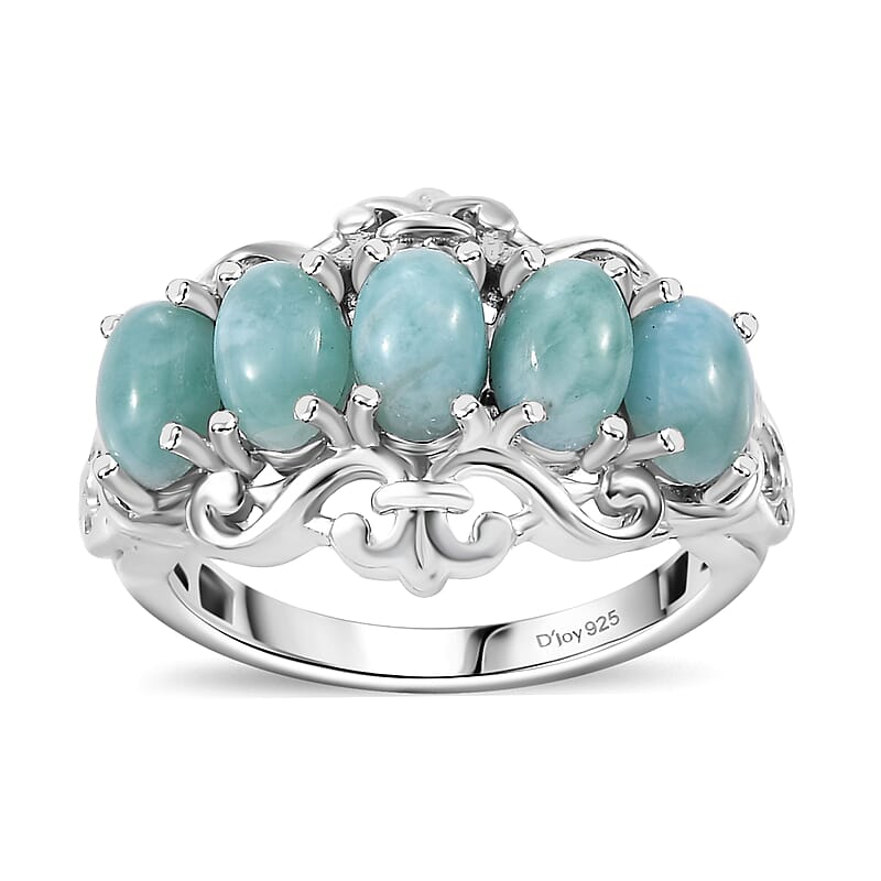 D'Joy Natural Green Larimar and Blue Apatite 3.10 ctw Ocean Cascade Ring in Rhodium Over Sterling Silver (Size 10.0)