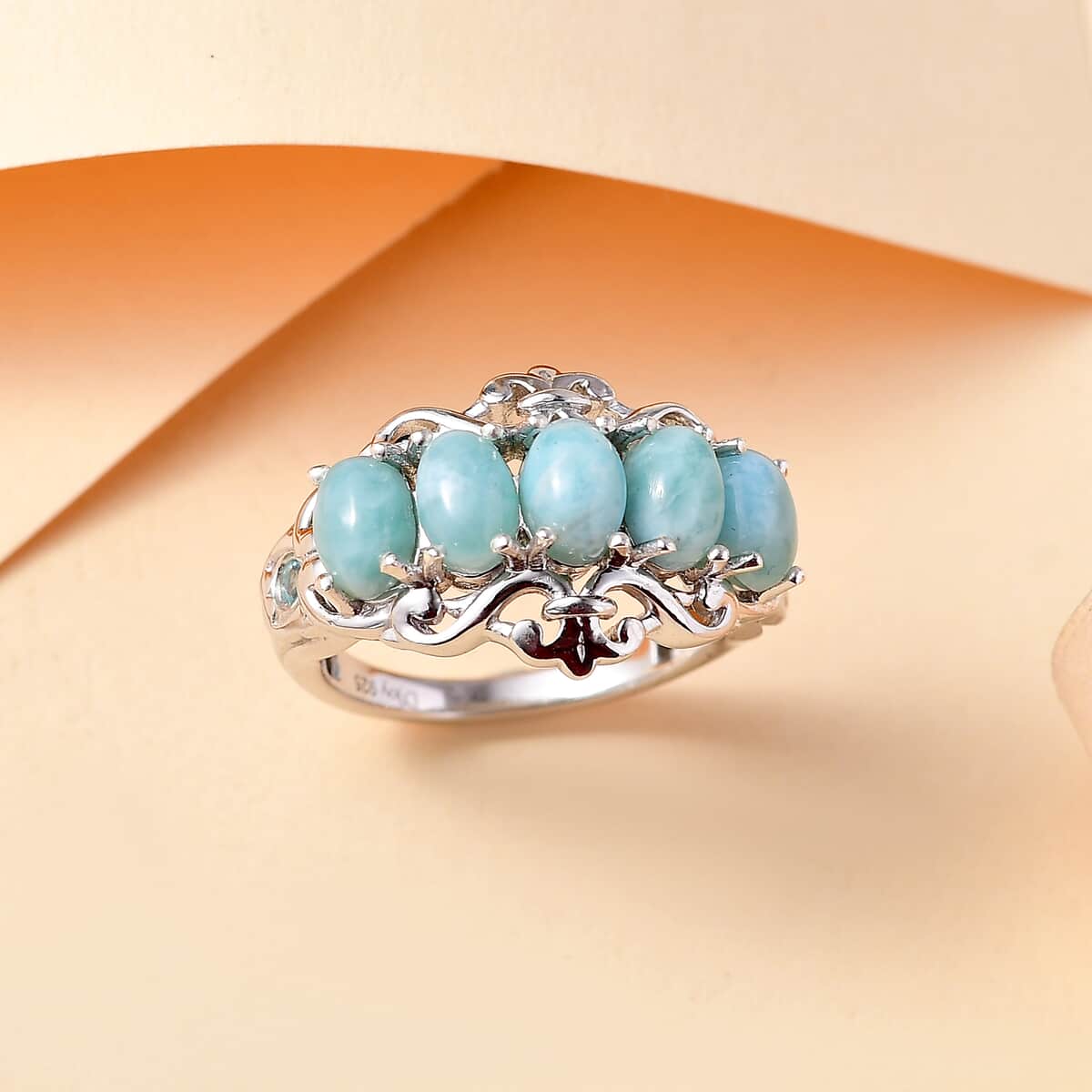 Natural Green Larimar and Blue Apatite 3.10 ctw Ocean Cascade Ring in Rhodium Over Sterling Silver (Size 10.0) image number 1