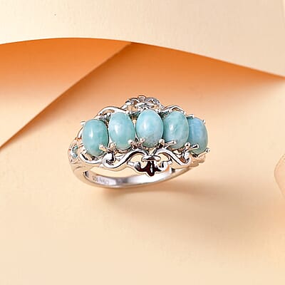 D'Joy Natural Green Larimar and Blue Apatite 3.10 ctw Ocean Cascade Ring in Rhodium Over Sterling Silver (Size 10.0)