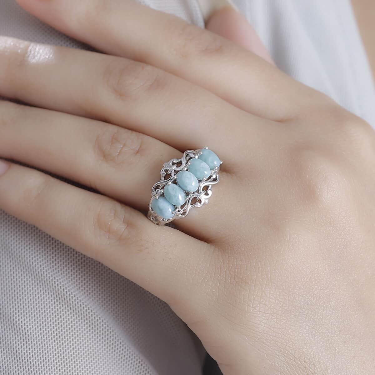 Natural Green Larimar and Blue Apatite 3.10 ctw Ocean Cascade Ring in Rhodium Over Sterling Silver (Size 10.0) image number 2