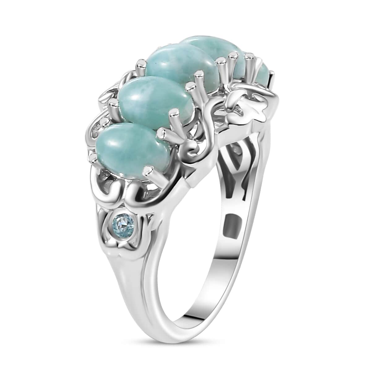 Natural Green Larimar and Blue Apatite 3.10 ctw Ocean Cascade Ring in Rhodium Over Sterling Silver (Size 10.0) image number 3