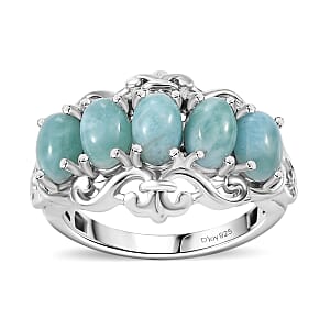 D'Joy Natural Green Larimar and Blue Apatite 3.10 ctw Ocean Cascade Ring in Rhodium Over Sterling Silver (Size 5.0)