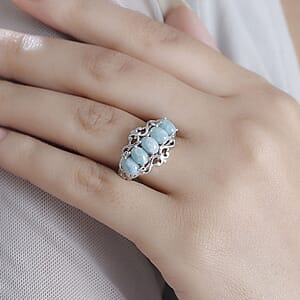 D'Joy Natural Green Larimar and Blue Apatite 3.10 ctw Ocean Cascade Ring in Rhodium Over Sterling Silver (Size 5.0)