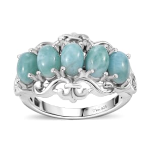 Natural Green Larimar and Blue Apatite 3.10 ctw Ocean Cascade Ring in Rhodium Over Sterling Silver (Size 6.0)