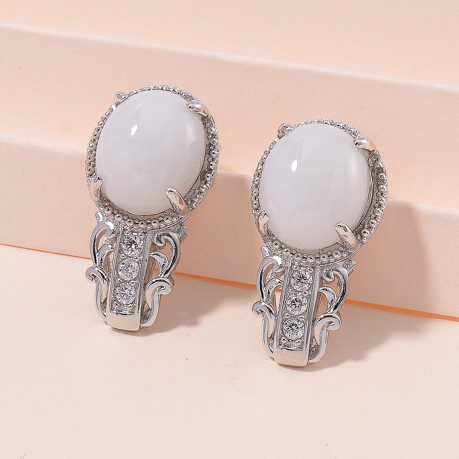 Natural Jade and Moissanite 12.20 ctw Earrings in Rhodium Over Sterling Silver
