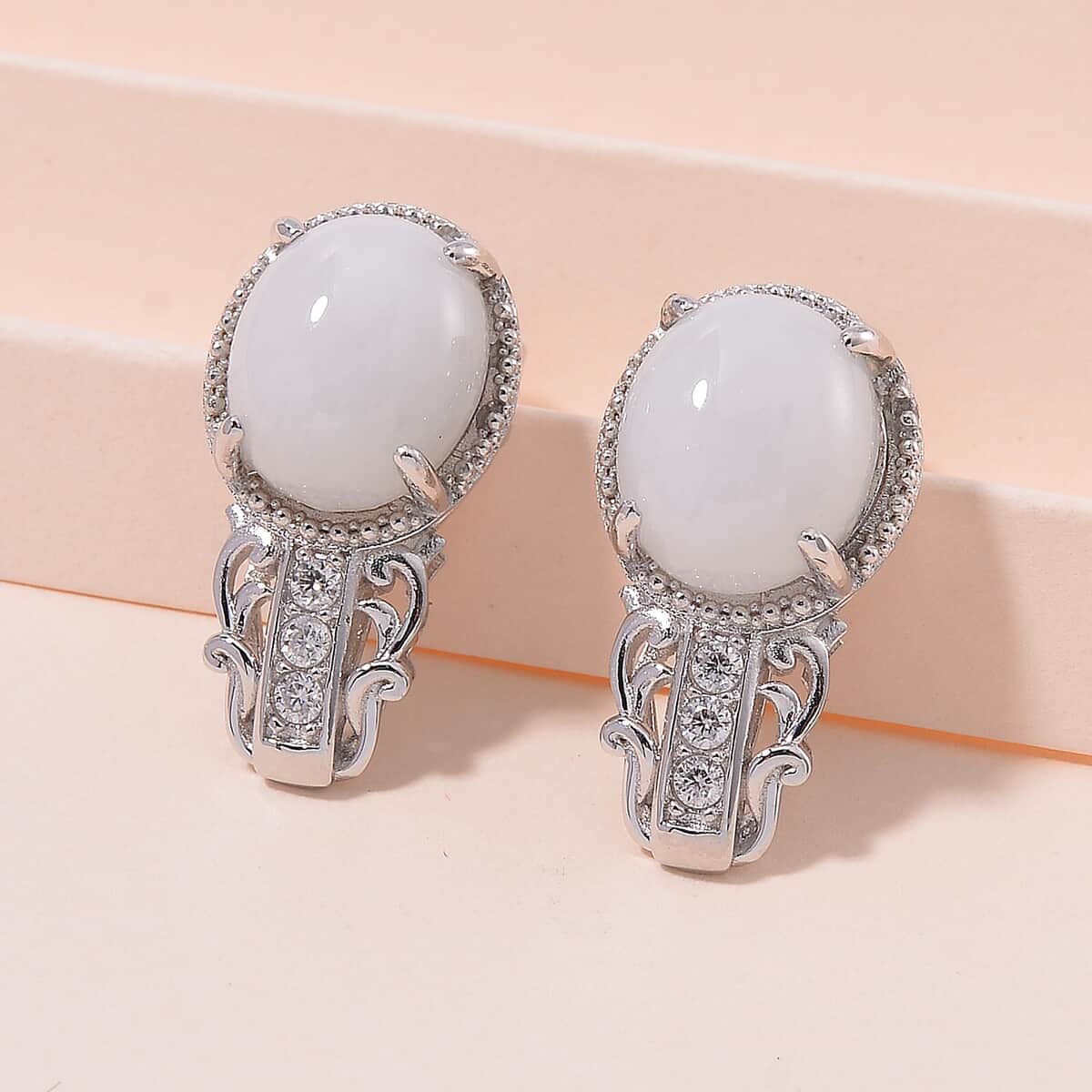 Natural Jade, Moissanite Earrings in Rhodium Over Sterling Silver 12.20 ctw image number 1