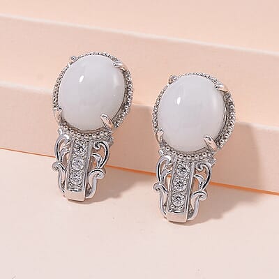 Natural Jade and Moissanite 12.20 ctw Earrings in Rhodium Over Sterling Silver
