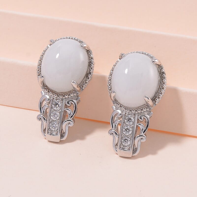 Natural Jade and Moissanite 12.20 ctw Earrings in Rhodium Over Sterling Silver