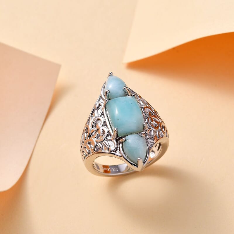 Karis Natural Green Larimar 4.50 ctw 3 Stone Ring in Platinum Bond (Size 10.0)