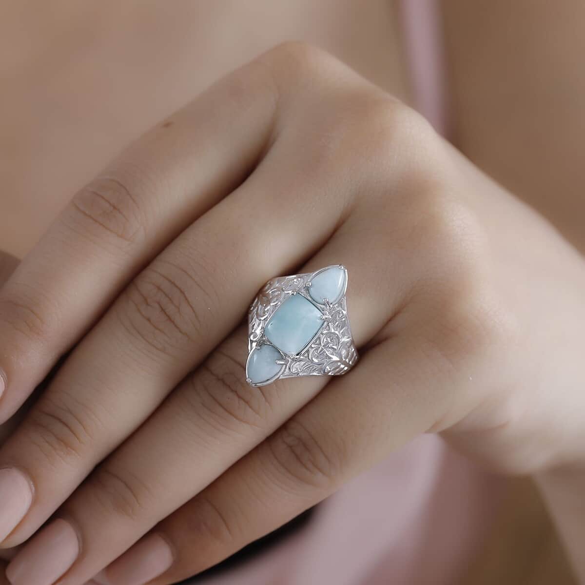 Karis Natural Green Larimar 4.50 ctw 3 Stone Ring in Platinum Bond (Size 10.0) image number 2