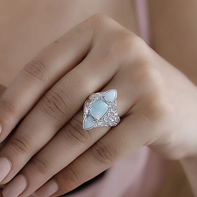 Karis Natural Green Larimar 4.50 ctw 3 Stone Ring in Platinum Bond (Size 10.0)