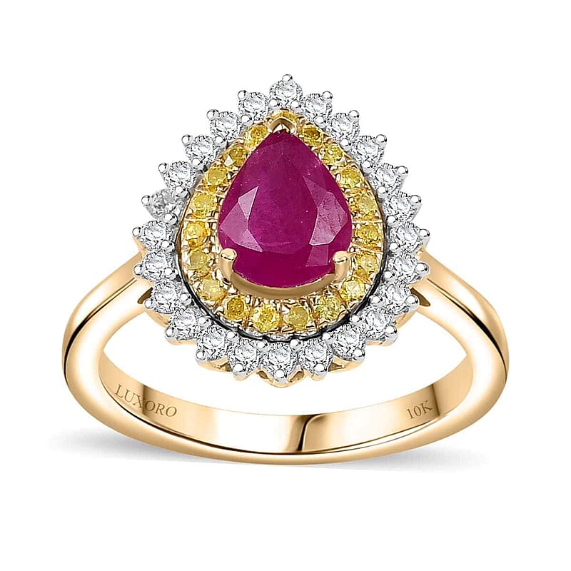 Certified & Appraised Luxoro AAA Royal Ruby, I2 Yellow and White Diamond 1.93 ctw Ring in 10K Yellow Gold (Size 12.0) 4 Grams