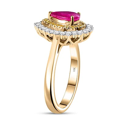 Certified & Appraised Luxoro AAA Royal Ruby, I2 Yellow and White Diamond 1.93 ctw Ring in 10K Yellow Gold (Size 12.0) 4 Grams
