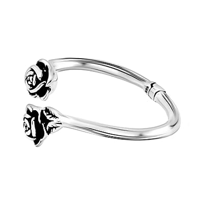 Openable Floral Carved Bangle Bracelet in Sterling Silver (7.25 In) 13 Grams